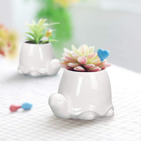 GeLive White Turtle Ceramic Succulent Planter, Tortoise Plant Pot, Windowsill Box, Animal Flower Container, Tabletop Decor with Drainage Hole (Set...