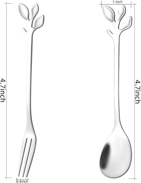 AnSaw 8-Piece Silver 4.7" Leaf Handle Mini Spoons & Forks - Perfect for Coffee, Desserts, Tea, Appetizers | Elegant Stainless Steel Cutlery Set fo...