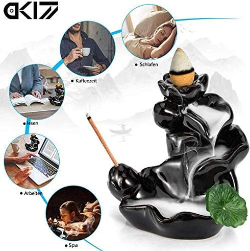DK177 Waterfall Incense Holder Backflow Cone Ceramic Burner Handcrafted Porcelain Censer Incense Stick Stand with 20 Free Cones...