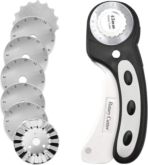 45mm Rotary Cutter with 7pcs Replacement Blades, Ergonomic Handle Rolling Cutter with Safety Lock for Fabric, Leather, paper, Crafting, sewing, Qu...
