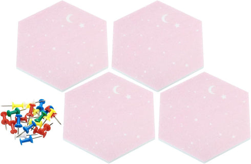 PATIKIL Hexagon Felt Board Tiles, 4 Pack Self Adhesive Mini Moon Wall Pin Bulletin Board with Push Pins for Photos Memos Home Office Decor, Pink...