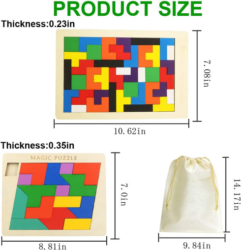 2 Pack Wooden Puzzle Blocks Geometric Tangram + Russian Blocks Puzzle for Kids & Adults, Intelligence Brain Teasers Toy Wooden Puzzle for All Ages...