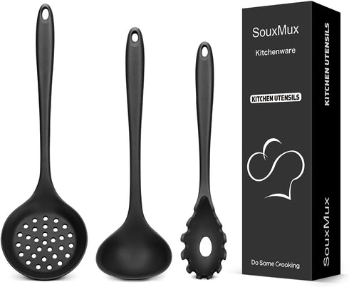 3 Pcs Silicone Kitchen Utensils Set, Soup Ladle-Pasta Fork-Slottede Spoon, Nonstick BPA Free High Heat Resistant Cooking Utensils for Mixing, Serv...