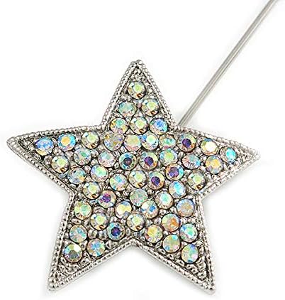 AB Crystal Star, Pearl Bead Lapel, Hat, Suit, Tuxedo, Collar, Scarf, Coat Stick Brooch Pin In Silver Tone Metal - 70mm L...