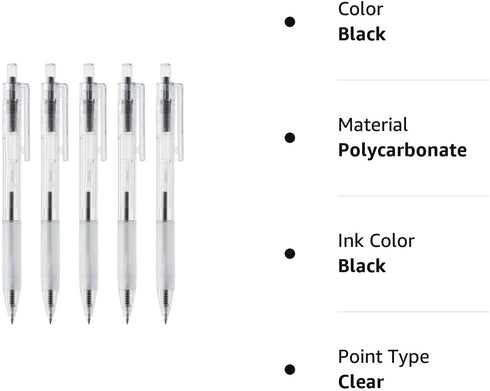 MUJI MoMA Polycarbonate Clear Ball Point Gel Pen Black 0.7mm 5pcs Made in Japan...