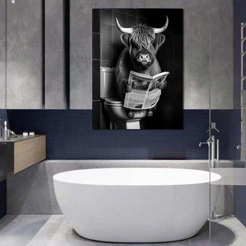 Black and White Animal Farmhouse Wall Art Highland Cow Reading Newspaper on Toilet Bowl Canvas Print Fun Art Poster for Wall Bathroom Canvas Paint...