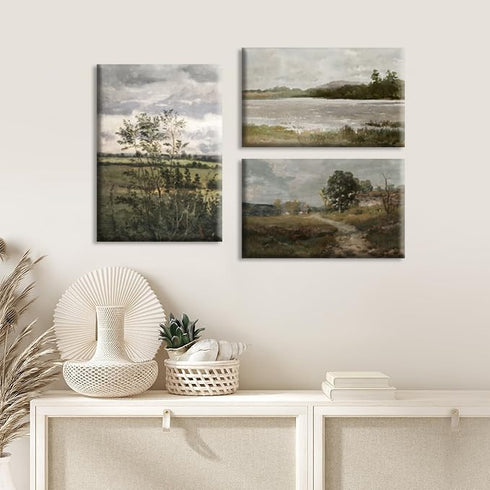 Field Landscape 3 Pieces Split Print Wall Art, Vintage Printed Country Landscape Painting, Oil Painting Mural Art, Nature Landscape Wall Art Print...
