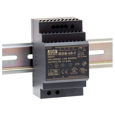 MEAN WELL HDR-60-5 Ultra Slim Step Shape 3SU DIN Rail Power Supply, 5 Volt, 6.5 Amp, 32.5 Watt...