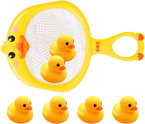 Bath Toy Baby Bathtub Duck Toy Set, 1 Pcs Ducky Animals Fishing Net with 6 Pcs Water Floating Sea Animals Duck Toys, Bathroom Floating Pool Fishin...