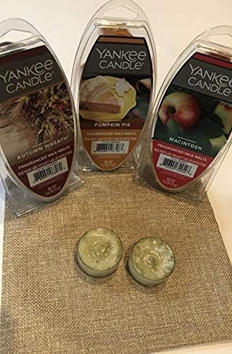 Yankee Candle Fall/Autumn Fragranced Wax Melt/Tart 3 Pack Random Fall Scents with 8x10 Burlap Bag and Bonus 2 Random Tea Lights...