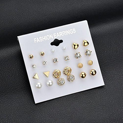 Crystal Pearl Stud Earrings Pack Bride Earring Sets for Women Rhinestone Geometric Heart Earrings Ear Studs Set Gold Earrings for Wedding Birthday...