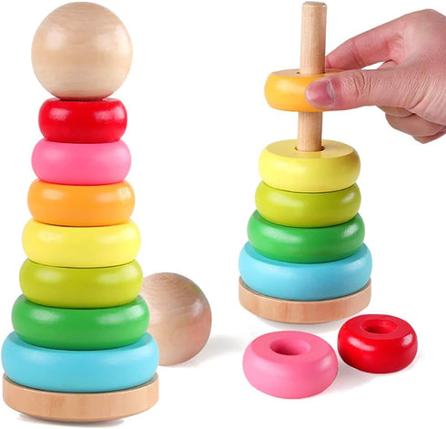 Stacking Rings Toy Wooden Rainbow Stacker Toddler Learning Toys for 18 Months 2 Year Old Baby Boys Girls Non-toxic...