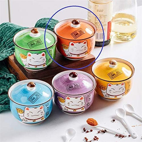 EatingBiting Ceramics Japanese Maneki Neko Lucky Cat Sugar Salt Pepper Storage Jar with Lid And Spoon Sugar Salt Pepper Storage Jar Seasoning Pot ...