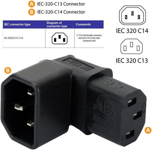 JSER IEC Male C14 to Up Direction Right Angled 90 Degree IEC Female C13 Power Extension Adapter 220V 10A Max...