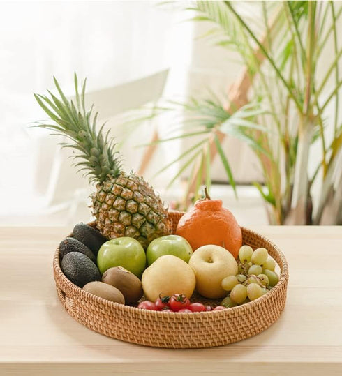 YANGQIHOME Rattan Round Serving Tray, Decorative Coffee Table Tray, Hand Woven Serving Basket with Handles, Ottoman Wicker Fruit/Bread Serving Bas...