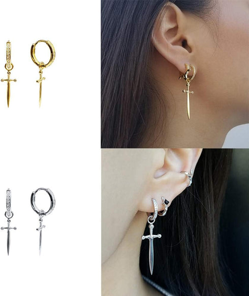 Dagger Hoop Cuff Earrings S925 Sterling Silver Cubic Zirconia Hypoallergenic Cartilage Earrings Huggie Ear Piercing Sword Small Dangle Drop for Wo...