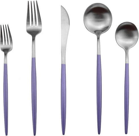 Gugrida Luxury Flatware, Royal 5 Piece Matte Purple Handle 18/10 Stainless Steel Tableware Sets for 1 Including Forks Spoons Knives, Camping Silve...