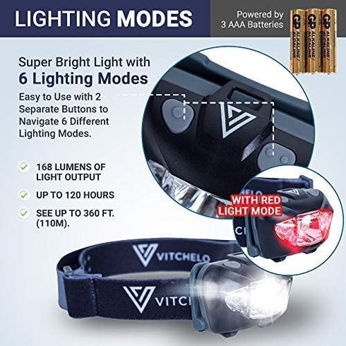 Vitchelo Black Headlamp Flashlight - Red Safety Light - 6 Light Modes - Super Bright Waterproof Adjustable Head Light - 3 AAA Batteries - Running,...