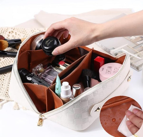 Large Capacity Travel Cosmetic Bag, Makeup Organizer Bag for Women, Portable Checkered Makeup Bags | PU Leather waterproof Skincare Bag with handl...