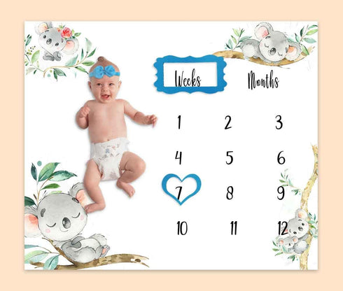 Baby Monthly Milestone Blanket| Koalas Trunk Branch Leaf Wreath | Newborns 1 to 12 Months Unisex Include 4 Frames and 1 Headband 48"x40" BTQQPH126...