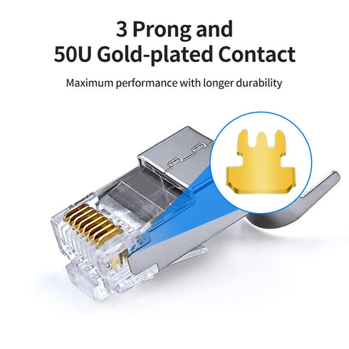 10 Pack Cat7 Cat6A Pass Through Shielded RJ45 Connector Modular Network 50? Gold-Plated Plug for Cat 6, Cat 6A, Cat 7 and Cat 8 with Strain Relief...