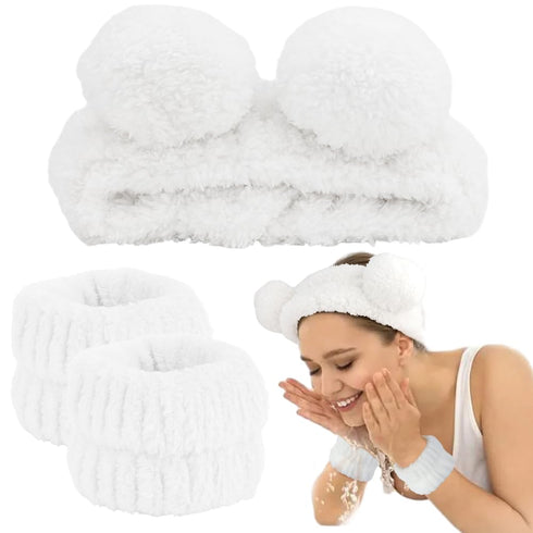AHONEY Spa Bear Ears Headband, Face Wash Headband and Wristband Set, Cute Makeup Skincare Headbands Wrist Bands for Washing Face Fluffy Headband f...