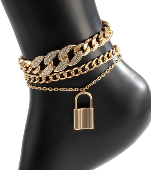 Boho Vintage Rhinestones Chunky Ankle Bracelets Gold Chain Beach Lock Anklet Bracelet Simple Adjustable Anklet Set for Women 3Pcs...