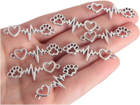 50 PCS 10pcs Antique Silver Plated Heart Footprint Electrocardiogram Charms Pendant for Jewelry Making Bracelet Accessories DIY Craft Findings...