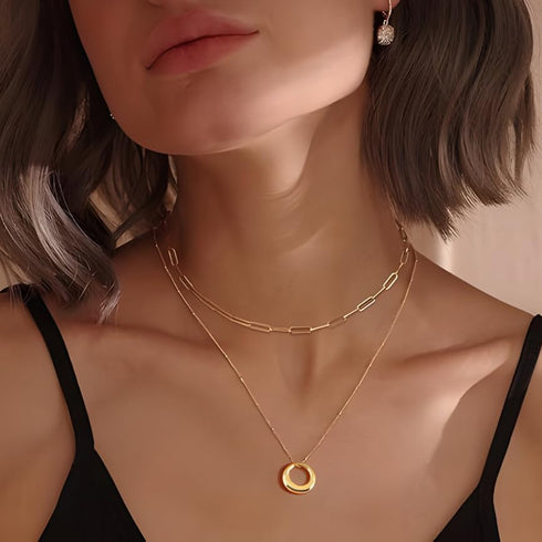Gold Layered Necklaces for Women, 18K Real Gold Plated Necklaces for Women Trendy, Dainty Circle Pendant Waterproof Necklace, Simple Gold Necklace...