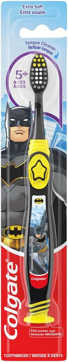 Colgate Batman Toothbrush for Children with Suction Cup, Kids 5+ Years Old, Extra Soft (Colors Vary) - Pack of 2...