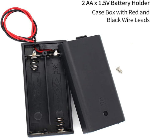 2 AA Battery Holder with Leads Wires ON/Off Switch and Screw Cap Case Back Cover Connection 2 Slots x 1.5V 3 Volt Battery Spring Clip Storage Box ...