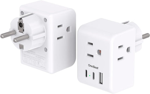 2 Pack Germany France Travel Plug Adapter with 3 Outlets 1 USBA 2 USB C, One Beat Type E/F International Power Adapter, Travel Essentials US to Eu...