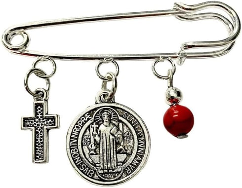 Religious Brooch with Murano Gel Beads and Charms - Silverplated - Gift for Birthdays, Valentine's, Christmas, Mother's Day, Comes in Gift Box wit...