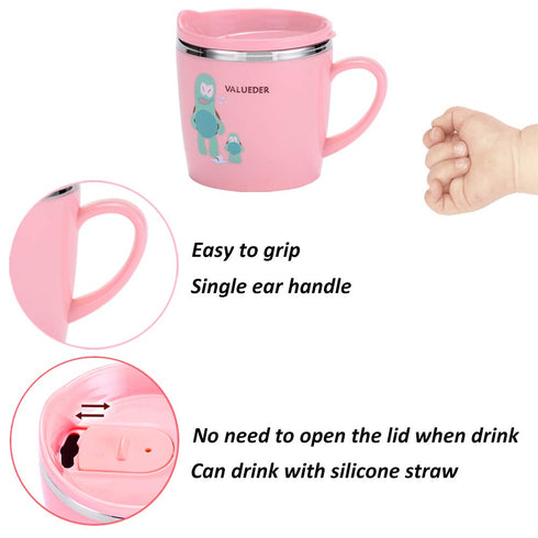 Baby Kids Toddler Sippy Cup Mug for Milk, Coffee, Stainless Steel Trainer Straw Cup with Lid, Fox, 7oz/Pink...