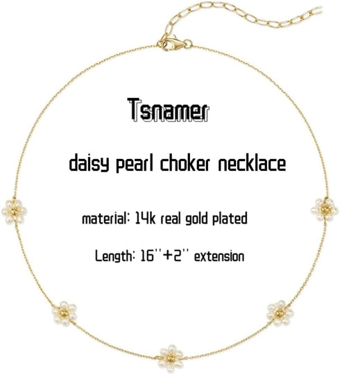 Daisy Flower Choker Necklace 14K Gold Plated Beaded Pearl Choker for Women Jewelry Gifts...