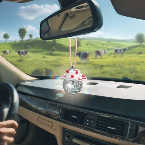 SuperKaKa Cow Print Car Mirror Hanging Accessories,Disco Ball Ornament,Cowboy Hat Charm for Rear View Mirror (Pink)...