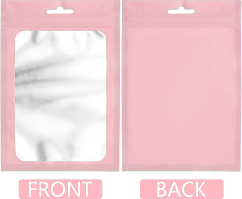 100 Pcs Resealable Mylar Bags with Clear Window Packaging Bags Foil Pouch Zipper Bag for Food Self Sealing Storage Supplies (Pink, 4.72x7.1 inches...