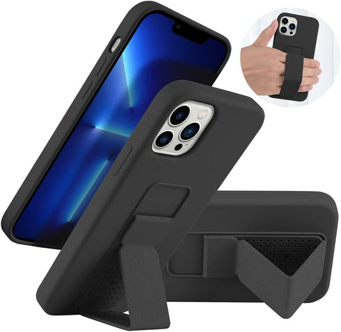 LAUDTEC Silicone Kickstand Case Compatible with iPhone 13 Pro Max case Vertical and Horizontal Stand Hand Strap Metal Kickstand, Flexible Soft Liq...