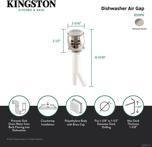 Kingston Brass K511PN Heritage Dishwasher Air Gap, Polished Nickel...