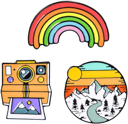 3Pcs Rainbow Brooches Landscape Camera Enamel Lapel Pins Outdoors Camping Travel Camp Lapel Pins Cartoon Brooches Badges Fashion Gifts for DIY Bac...