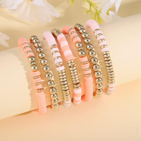 Pingyongchang Heishi Gold Beaded Bracelets Set for Women Men Bohemian Polymer Clay Colorful Surfer Vinyl Disc Stretch Layering Stackable Friendshi...