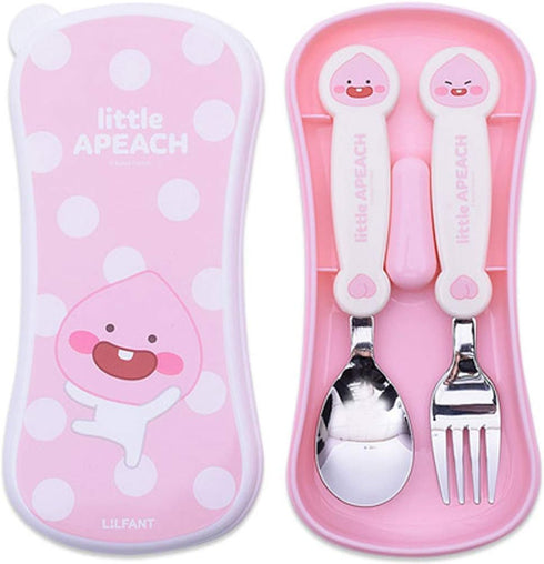 Kakao Friends - Easy Washing Clean 304 Stainless Steel Spoon & Fork (1.1 inch x 5.6 inch) with Wide Case Tableware Set for Kids, Pink (Little Apea...
