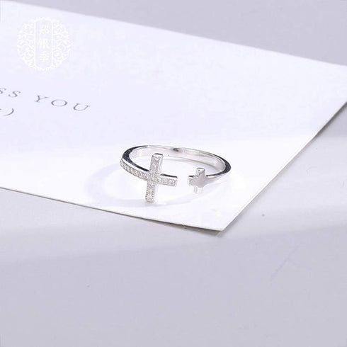 Double Cross Faith S925 Sterling Silver CZ Crystal Opening Ring for Women Teen Girls Dainty Adjustable Statement Engagement Finger Christian Finge...