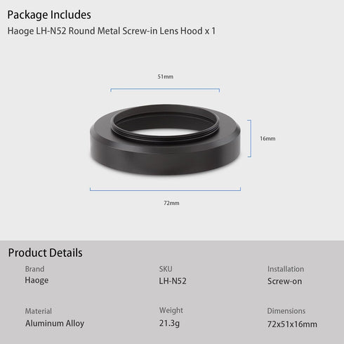 Haoge Metal Lens Hood for Nikon NIKKOR Z 40mm f/2, Z 28mm f/2.8, Z 28mm f/2.8 (SE) Lens,Screw Hood, Compatible with 52mm UV Filters and 52mm Lens ...
