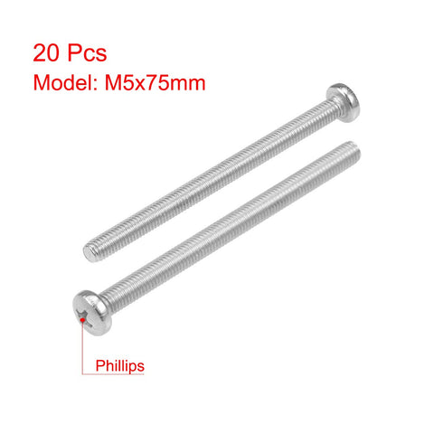 uxcell M5x75mm Machine Screws Phillips Cross Pan Head Screw 304 Stainless Steel Fasteners Bolts 20Pcs...