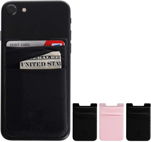 Cell Phone Stick on Wallet, Credit Card & Business Card & Id Holder (3 Packs) Compatible with iPhone, Android and Most Smartphones (Black + Pink)...