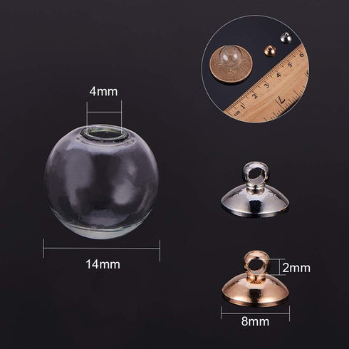 PH PandaHall 30 Pcs 14mm Mini Empty Clear Glass Globe Bottle Wish Ball Bottles DIY Pendant Charms with 30 Pcs 8mm Cap Bails for Earring Necklace J...