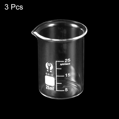 PATIKIL 3Pcs 25ml Low Form Glass Beaker, 3.3 Borosilicate Glass Graduated Printed Scale Measuring Cups with Spout for Kitchen Lab Liquids...