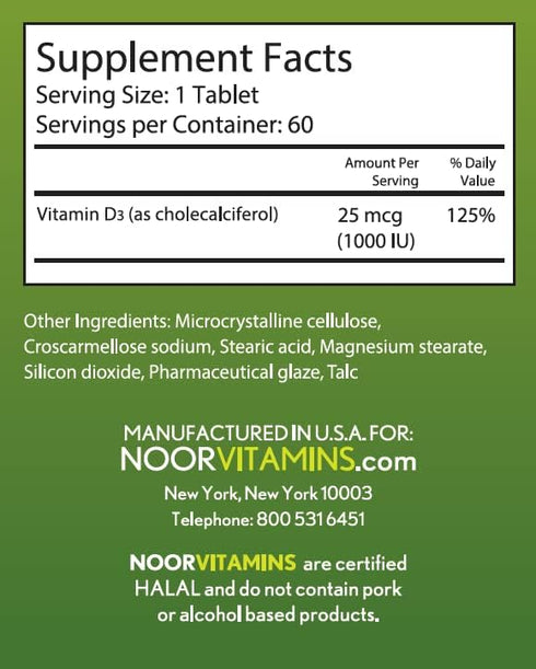 Noor Vitamins Halal Vitamin D, Halal Vitamin D3, 1000 IU Tablets, Supports Bone, Immune & Heart Health, Non-GMO, Gluten Free & Halal (60 Count)...
