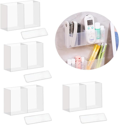 4PCS medium Wall Mount Storage Box, 4 Compartment Transparent Plastic Makeup Brush Lipstick Holder Self-Adhesive Pen Holder Makeup...